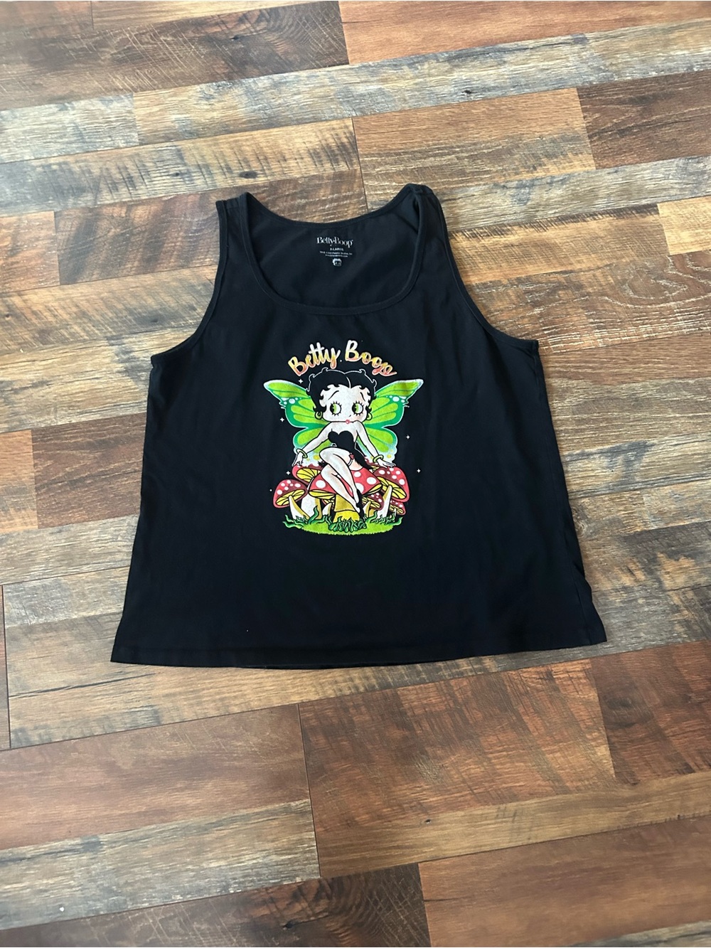Betty Boop Black Tank with Green Fairy Mushroom Graphic